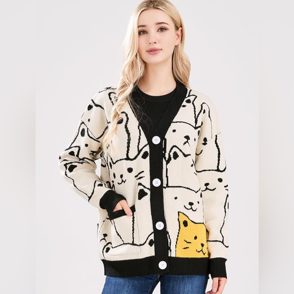 Playful Cat Design Cardigan - Black, Cream, and Yellow